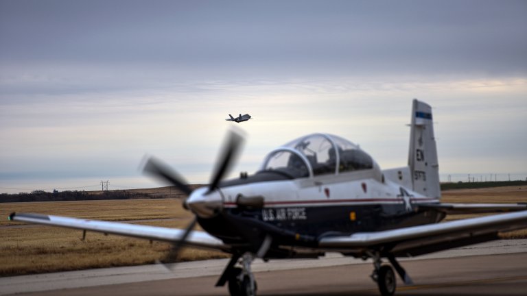 A T-6A Texan II taxis on the runway at Sheppard Air Force Base in 2019.
