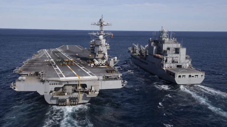 The world's largest aircraft carrier, USS Gerald R. Ford (CVN 78), conducts a replenishment at sea (RAS) with the John Lewis-class underway replenishment oiler, USNS Harvey Milk (T-AO 206), December 13, the first between Ford and Milk, part of the new John Lewis-class of replenishment oilers. USS Gerald R. Ford is currently underway in the Atlantic Ocean to further develop core unit capabilities. (U.S. Navy photo by Mass Communication Specialist 2nd Class Jacob Mattingly)
